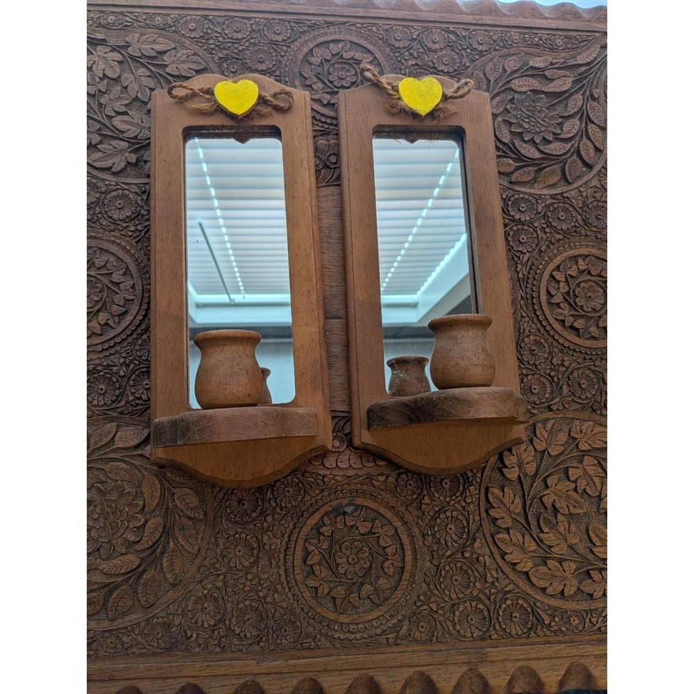 Vintage Wooden Mirror Sconce Wall Candle Holder Set Of 2 11.5 Inch Grannycore